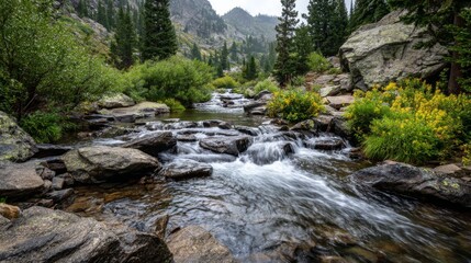 Serene Mountain Stream Flowing Through Lush Green Valley Surrounded by Majestic Trees and Vibrant Wildflowers Under a Cloudy Sky