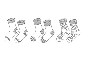 Stylish line art drawing of various cozy socks with different patterns perfect for textile designs