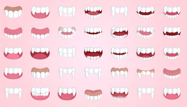 Many cartoon mouths with varied teeth sets and lip shapes on a pink gradient background, some with vampire fangs