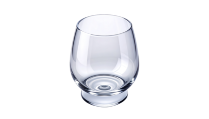 A clear, stemless, rounded glass against a stark black background