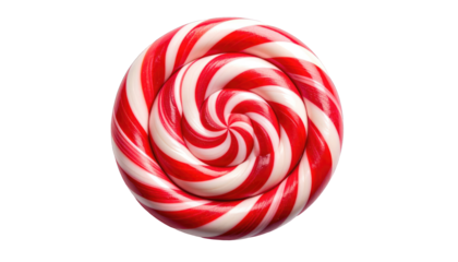A vibrant, swirl-patterned red and white candy in a spiral shape, centered on black