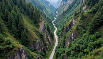 Scenic valley with winding road and lush greenery.