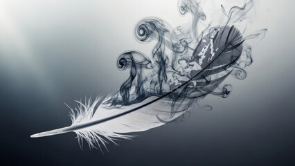 Graceful feather merging with abstract smoke tendrils, evoking a sense of fragility, freedom, and ephemeral beauty in a monochromatic composition