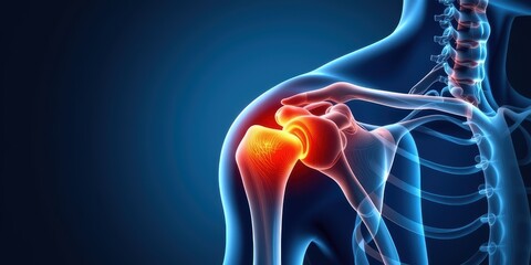 Anatomical illustration of a human shoulder joint with highlighted details.