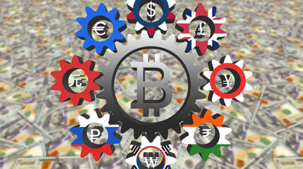 Vector economic engineering poster. 3D gears, country flags. Technological bitcoin. World currencies. Dollar, euro, pound, yuan, yen, ruble, rupee and won. Blurred US banknotes. Crypto