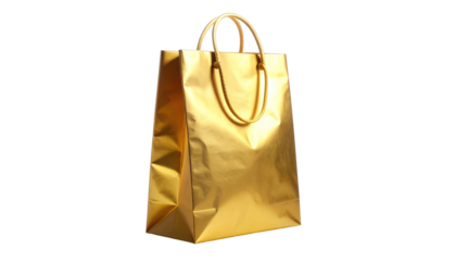 Gleaming, golden gift bag with handle, illuminated on a black background