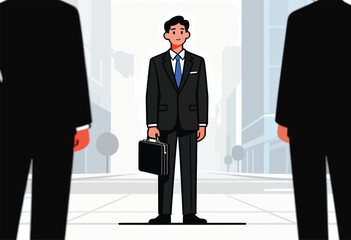 Fototapeta premium A businessman in a suit stands with a briefcase between two figures in black suits