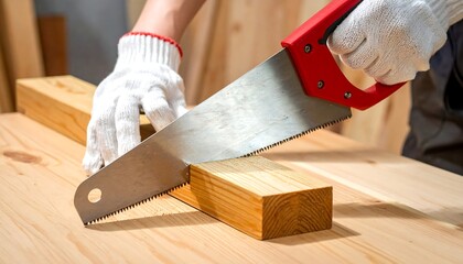 ノコギリで木材を切るDIY作業を行う職人の手元