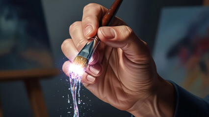 Illuminated paintbrush held by a creative hand, shimmering with a flow of golden light, evoking the essence of artistic inspiration, innovation, and the birth of new ideas
