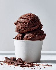 Chocolate gelato in the whit paper cup. Food advertising photo.