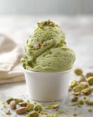 Pistachio gelato in the whit paper cup. Food advertising photo.