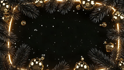 Festive Christmas background with golden ornaments and pine branches