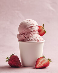 Strawberry gelato in the whit paper cup. Food advertising photo.
