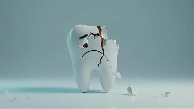 3D animation of a sad tooth character cracking and breaking apart. White molar shattering due to decay or injury. Dental emergency concept