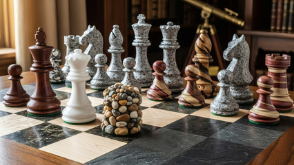 Unique Collection of Diverse Chess Pieces, Crafted from Natural Stone and Fine Wood, Arranged on a Luxurious Board in a Warm Study