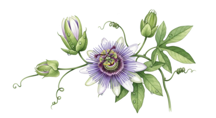 Purple and white passion flower with buds and leaves