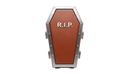 Coffin with R.I.P. inscription on white background