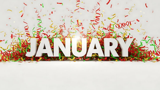 Colorful confetti celebrating january on white background with text