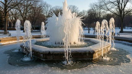 Icy Artistry A Park Fountain Transforms into a Magnificent Ice Sculpture, Reflecting the Serene and Cold Beauty of a Winter Morning Landscape