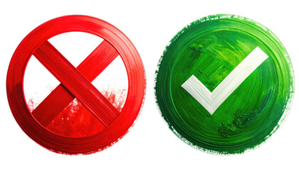 Two circular icons, one red "X", other green check, against a black background