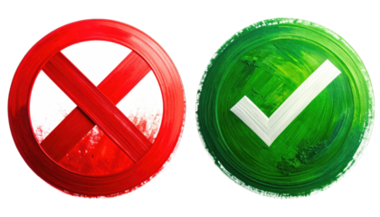 Two circular icons, one red "X", other green check, against a black background
