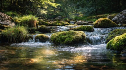 Fototapeta premium Tranquil Stream Flowing Over Smooth Rocks Covered in Lush Green Moss Amidst a Serene Forest Setting with Soft Natural Light