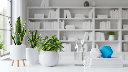 Potted plants and glassware on a white table in a modern room