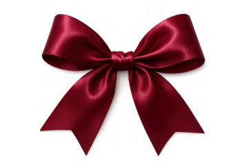 Rich maroon red satin gift bow with tied knot and flowing ribbon tails, adding festive decoration and beauty