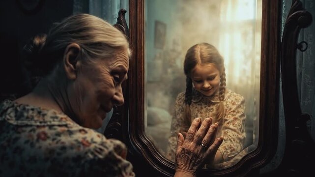 Elderly woman looking into a vintage mirror and seeing a reflection of her younger self. Senior lady touching hands with a smiling girl in the glass. Nostalgia and aging concept