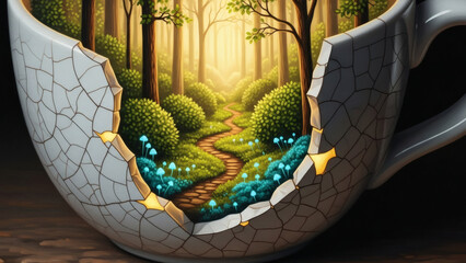 A Magical Forest Path with Glowing Flowers Unfolds Within a Cracked Teacup, Revealing Hidden Natural Beauty