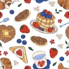 Croissant Seamless Pattern ,Strawberry,Blueberry,Raspberry,Fruit ,Floral, Bakery ,Berries, Flowers PNG, JPG Digital Download