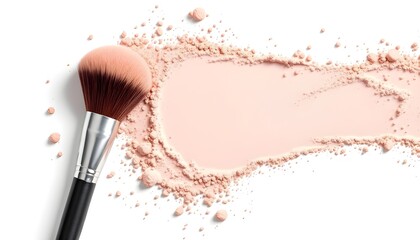 Soft pink pressed powder with makeup brush on white background showcasing beauty tools and cosmetic product textures.