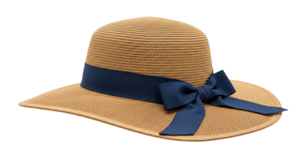 Straw sun hat with navy blue ribbon and bow straw hat