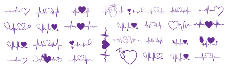 Heartbeat EKG Line Art Graphics Purple Medical Love Design Elements