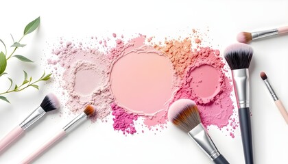 Colorful cosmetic powders blending together with makeup brush on white background highlighting beauty products and makeup artistry textures.