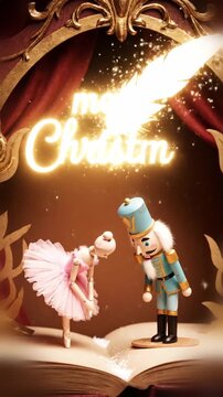 soft pastel wooden puppets perform inside an ornate storybook christmas stage with magical snowfall