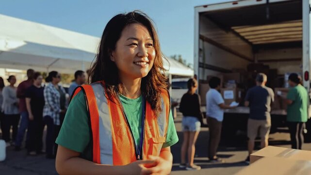 Smiling Asian volunteer handing a cardboard box to a recipient at a food bank. Woman in a safety vest distributing aid supplies outdoors near a truck. Community charity concept