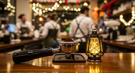 Barista preparing coffee with equipment and warm lighting in café
