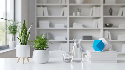 A serene workspace with plants, books, and decorative objects on a white desk