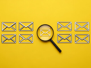 Magnifying glass examines multiple email icons on yellow background