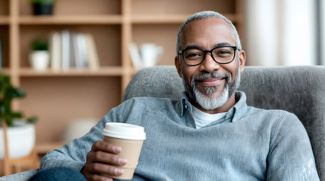 Mature man with glasses, smiling while holding a coffee cup, relaxing in a cozy living room with modern decor, showcasing a warm and inviting atmosphere for leisure time - Powered by Adobe