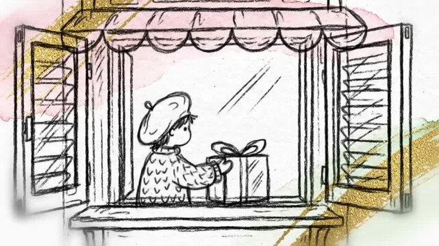 parisian scribble christmas morning with a child placing a tiny gift on a boulangerie window