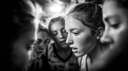 Young female basketball players huddled closely together in a black and white photograph showing intense focus during a game or practice with emotional team spirit and strategy planning