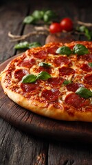 Freshly baked pepperoni pizza with basil leaves, served on a rustic wooden board. Perfect for food lovers and culinary enthusiasts seeking delicious meal ideas and inspiration.