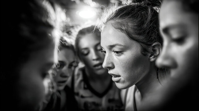 Young female basketball players huddled closely together in a black and white photograph showing intense focus during a game or practice with emotional team spirit and strategy planning
