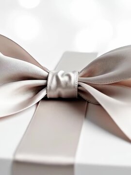 Gift box with elegant beige ribbon bow animation, moving into frame and cinching the package, for luxury present wrapping concept