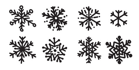 Hand drawn snowflakes icons set on white background for decoration design. Doodle vector illustration. Winter elements for Christmas and New Year