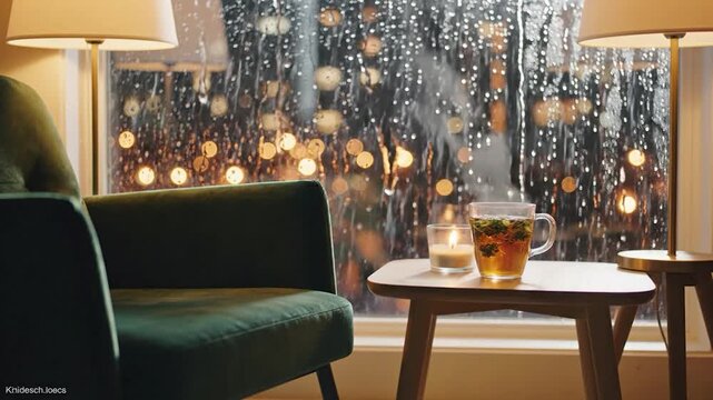 Rainy evening indoors steaming tea, glowing candle, armchair, city lights through window