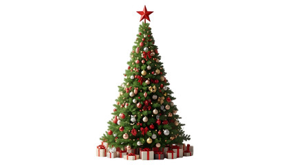 Obraz premium Fully decorated christmas tree with red star on black background
