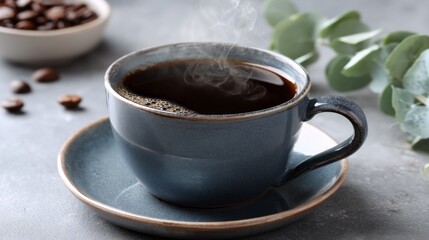 Freshly brewed coffee fills a beautifully crafted ceramic cup, sending gentle steam into the air, creating a serene atmosphere perfect for a reflective morning moment